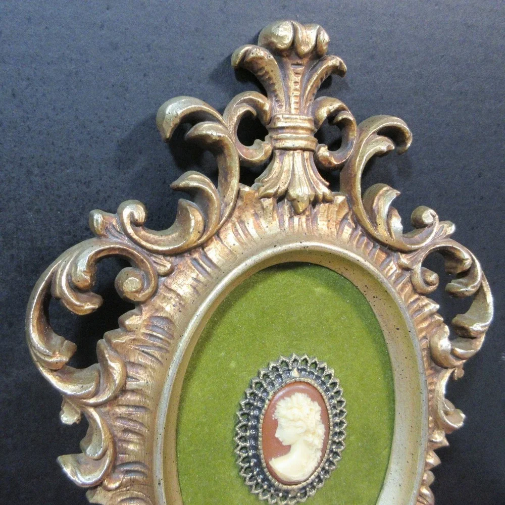 Vintage Arabesque Burwood Gold Ornate Cameo Wall Frame Green Velvet Du Barry